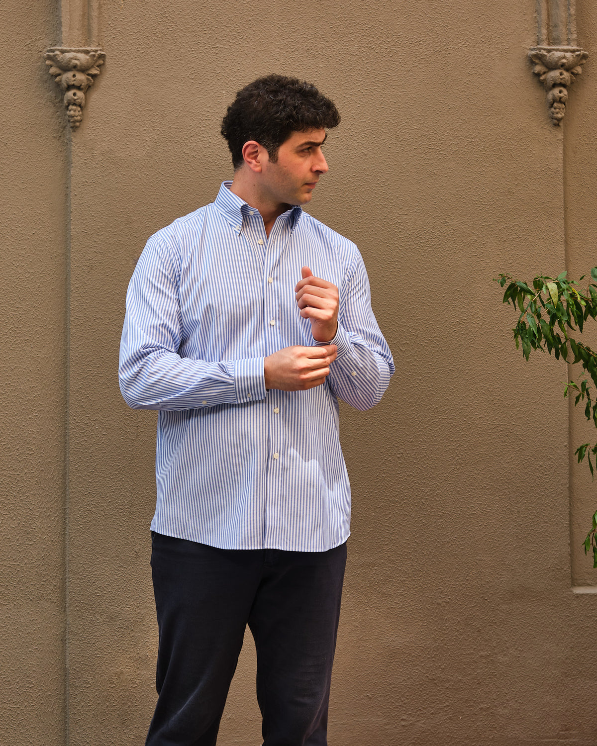 OXFORD Yaka Düğmeli Dik Yaka Regular Fit Çizgili Gömlek