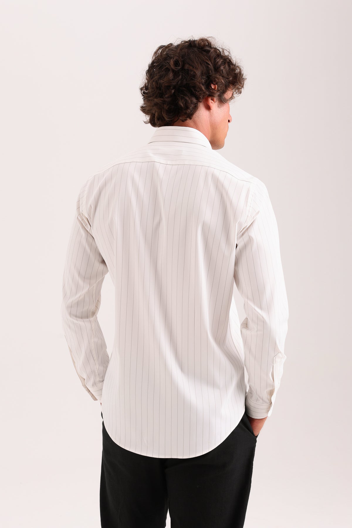 Çizgili Likralı Klasik Yaka Uzun Kollu Gömlek Slim Fit